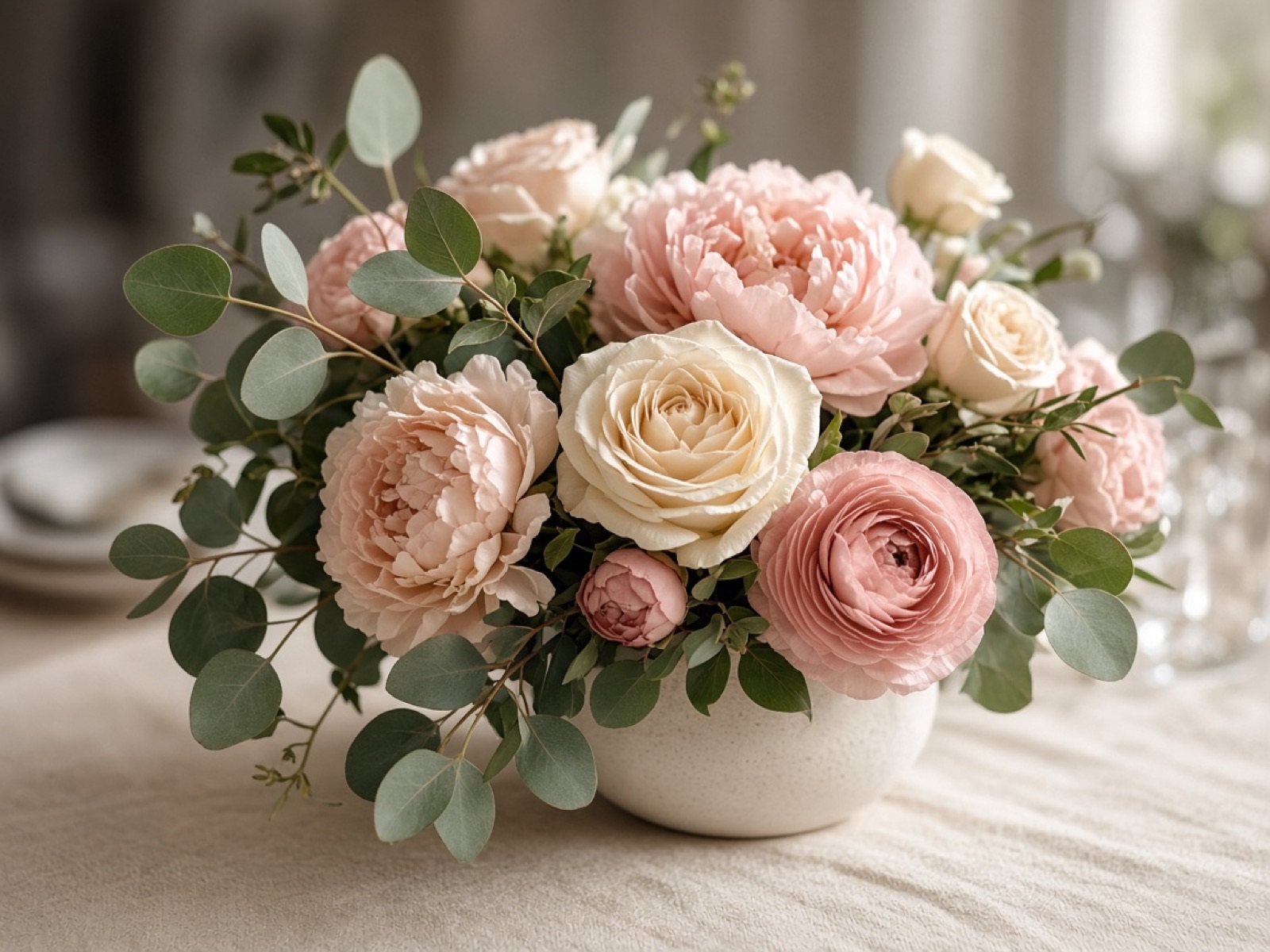 Soft wedding floral arrangement with cream roses and blush peonies