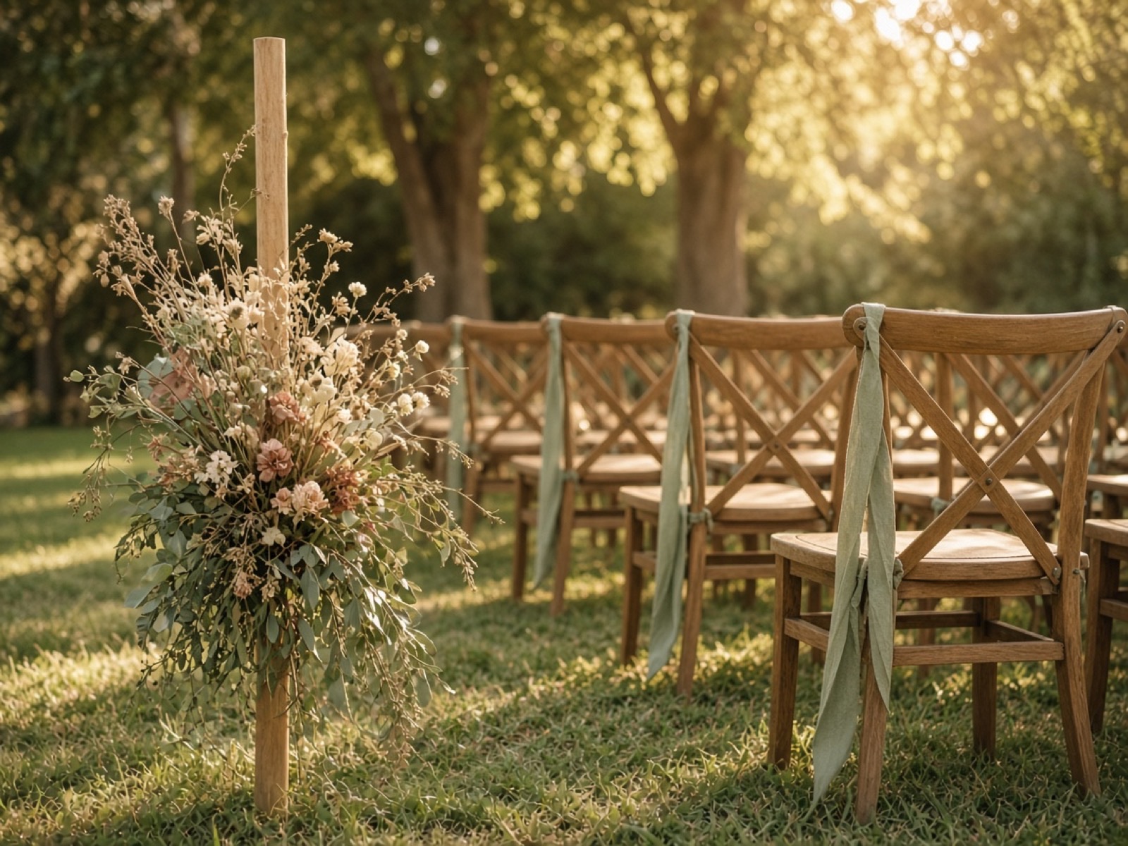Wedding aisle chairs with soft sage ribbon in warm light